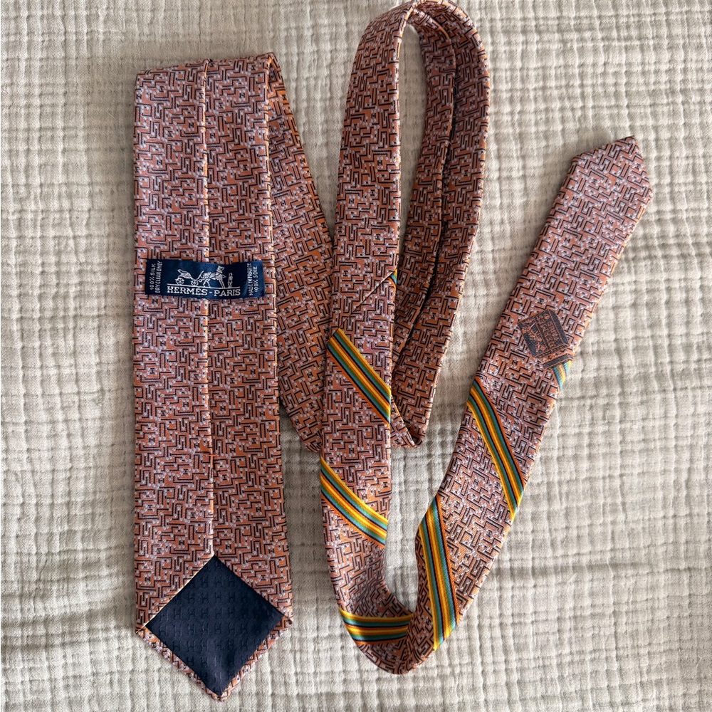 Vintage Hermes Orange Geometric Silk Tie with Multicolor Stripe Detail